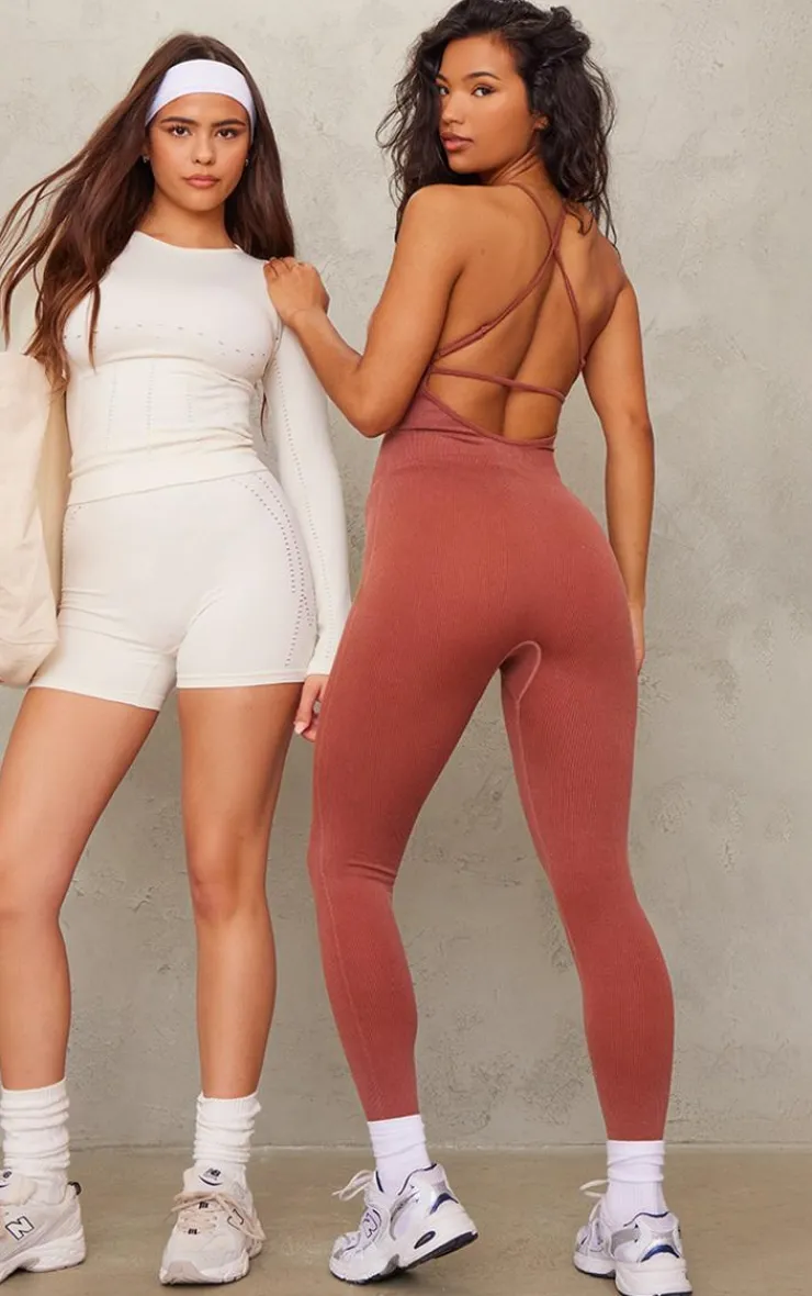 PrettyLittleThing Seamless Gym Wear*Acid Wash Seamless Rib Strappy Long Unitard