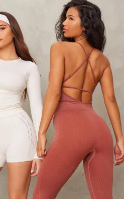 PrettyLittleThing Seamless Gym Wear*Acid Wash Seamless Rib Strappy Long Unitard