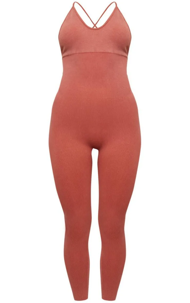 PrettyLittleThing Seamless Gym Wear*Acid Wash Seamless Rib Strappy Long Unitard