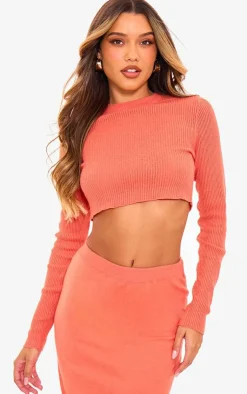 PrettyLittleThing Contrast Stitch Knitted Long Sleeve Top Rust