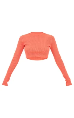 PrettyLittleThing Contrast Stitch Knitted Long Sleeve Top Rust