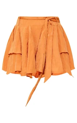 Rust Crinkled Satin Belted Mini Skirt