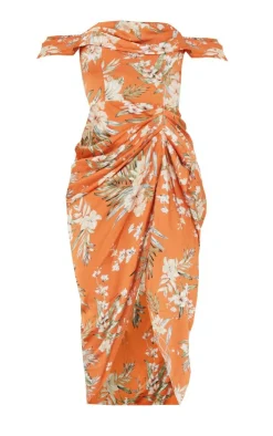 Floral Print Satin Draped Bardot Midi Dress-PrettyLittleThing Sale