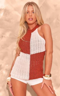 PrettyLittleThing Knitted Tops*High Neck Contrast Crochet Knit Top