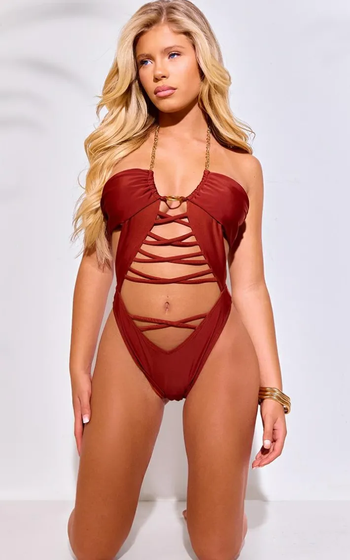 Rust Lace Up Chain Detail Cut Out Swimsuit
