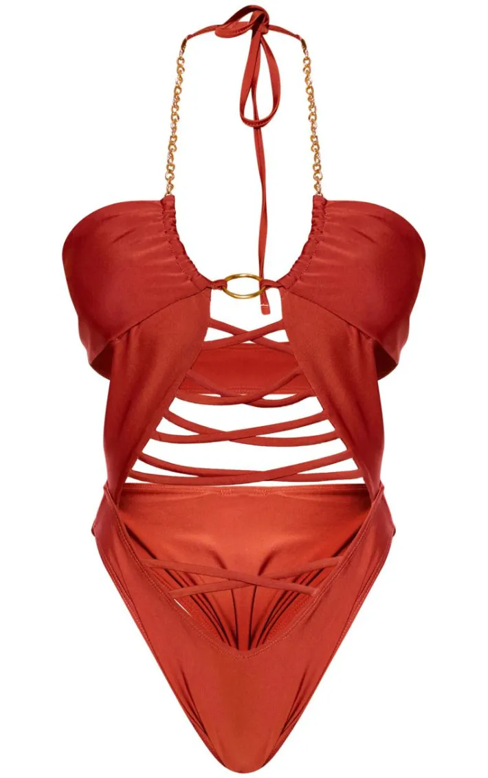 Rust Lace Up Chain Detail Cut Out Swimsuit