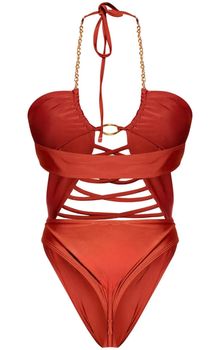 Rust Lace Up Chain Detail Cut Out Swimsuit
