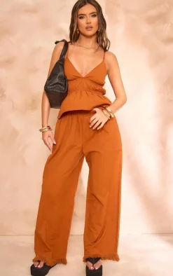 Discount PrettyLittleThing Linen Look Frayed Hem Wide Leg Pants Rust