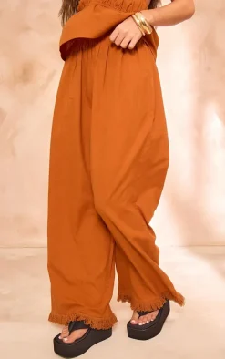 Discount PrettyLittleThing Linen Look Frayed Hem Wide Leg Pants Rust