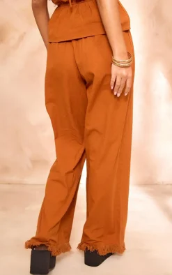 Discount PrettyLittleThing Linen Look Frayed Hem Wide Leg Pants Rust