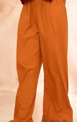 Discount PrettyLittleThing Linen Look Frayed Hem Wide Leg Pants Rust