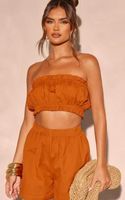 Sale PrettyLittleThing Linen Look Ruffle Hem Bandeau Crop Top Rust