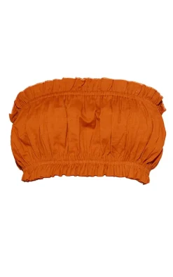 Sale PrettyLittleThing Linen Look Ruffle Hem Bandeau Crop Top Rust