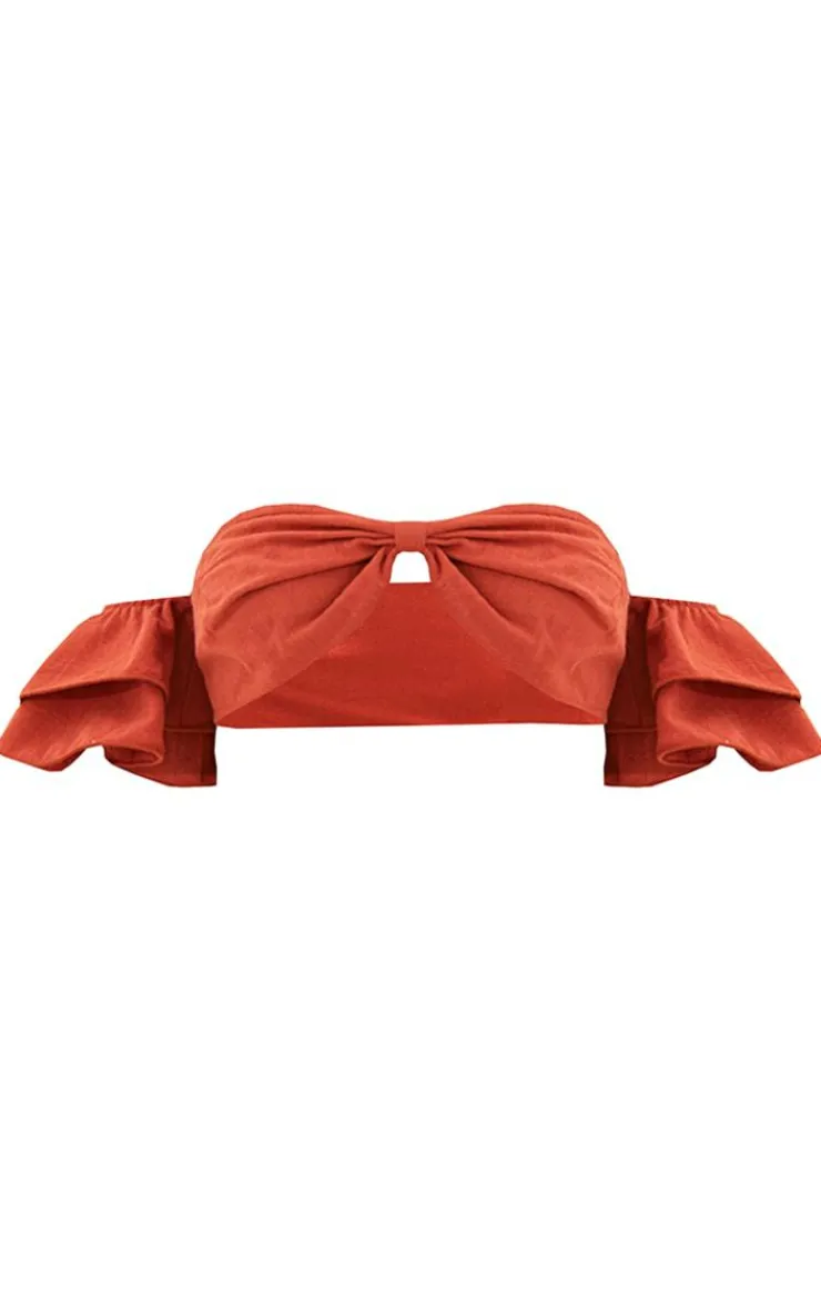 Clearance PrettyLittleThing Rust Linen Look Ruffle Tiered Sleeve Bralet Burnt Orange