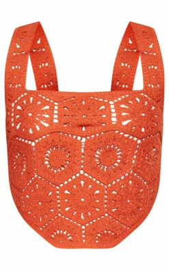 Online PrettyLittleThing Patterned Crochet Knit Top Rust