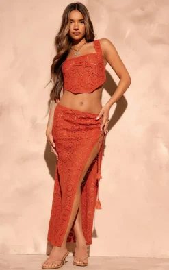 Best PrettyLittleThing Patterned Crochet Knit Maxi Skirt Rust