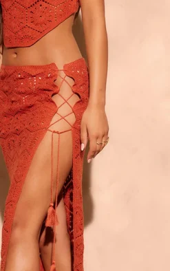 Best PrettyLittleThing Patterned Crochet Knit Maxi Skirt Rust