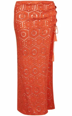 Best PrettyLittleThing Patterned Crochet Knit Maxi Skirt Rust