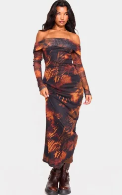 Printed Mesh Bardot Long Sleeve Maxi Dress-PrettyLittleThing