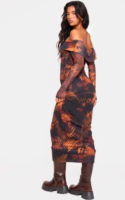 Printed Mesh Bardot Long Sleeve Maxi Dress-PrettyLittleThing