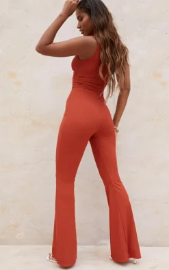 Rib Twist Detail Plunge Flared Jumpsuit-PrettyLittleThing Sale