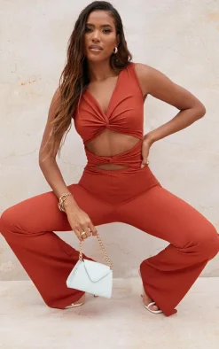 Rib Twist Detail Plunge Flared Jumpsuit-PrettyLittleThing Sale
