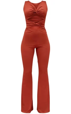 Rib Twist Detail Plunge Flared Jumpsuit-PrettyLittleThing Sale