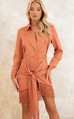 Satin Drape Detail Tassel Hem Shirt Dress-PrettyLittleThing Hot