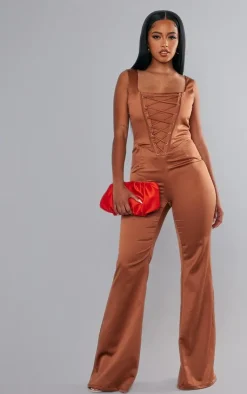 Satin Lace Up Boned Strappy Wide Leg Jumpsuit-PrettyLittleThing Discount