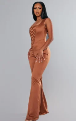 Satin Lace Up Boned Strappy Wide Leg Jumpsuit-PrettyLittleThing Discount