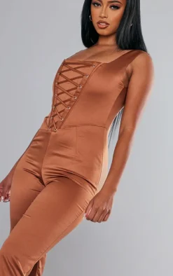 Satin Lace Up Boned Strappy Wide Leg Jumpsuit-PrettyLittleThing Discount