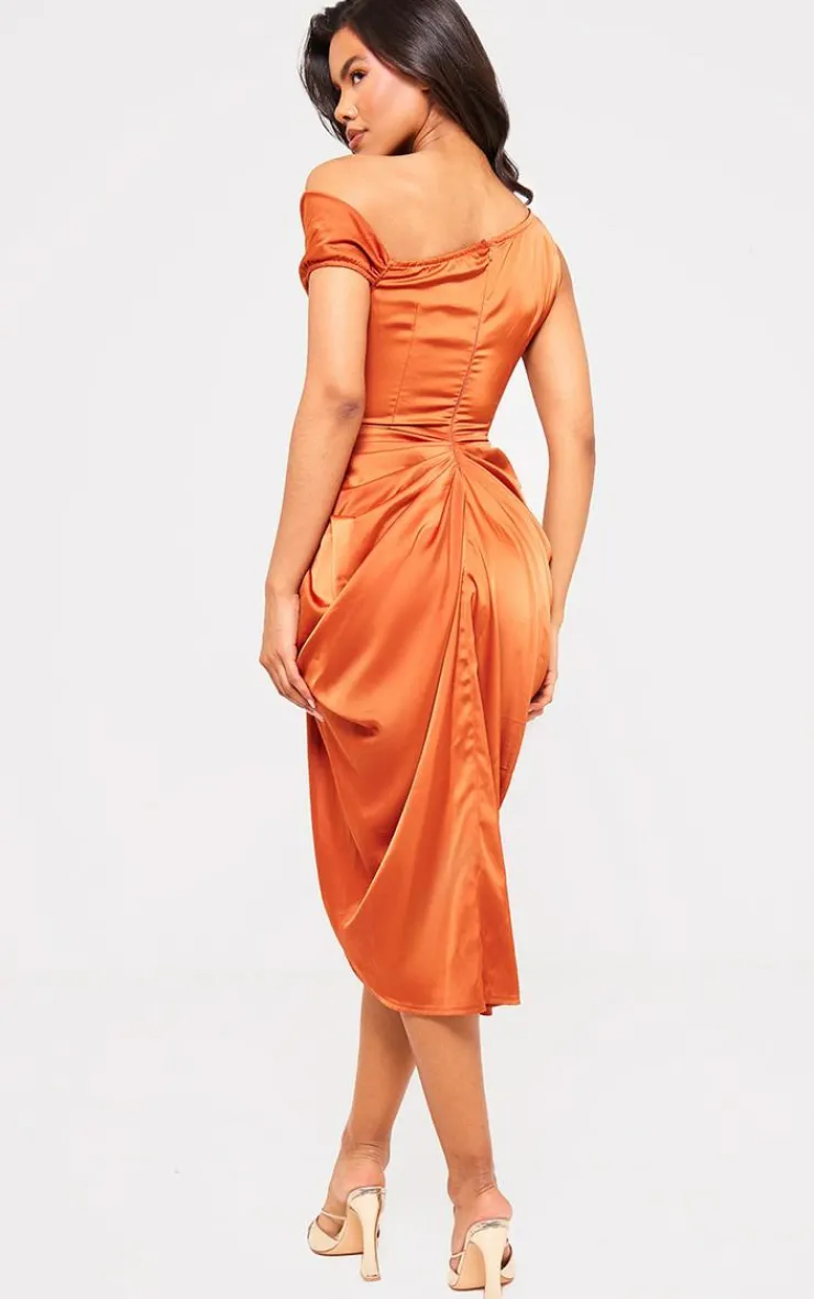 Satin Off The Shoulder Draped Skirt Midi Dress-PrettyLittleThing Outlet