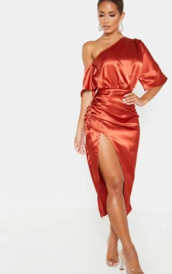 Satin One Shoulder Ruched Skirt Midi Dress-PrettyLittleThing Sale