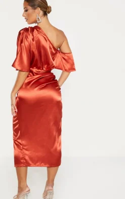 Satin One Shoulder Ruched Skirt Midi Dress-PrettyLittleThing Sale