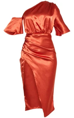 Satin One Shoulder Ruched Skirt Midi Dress-PrettyLittleThing Sale
