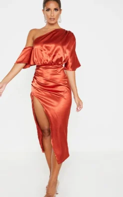 Satin One Shoulder Ruched Skirt Midi Dress-PrettyLittleThing Sale