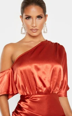 Satin One Shoulder Ruched Skirt Midi Dress-PrettyLittleThing Sale