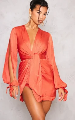 Satin Twist Front Open Sleeve Wrap Dress-PrettyLittleThing New