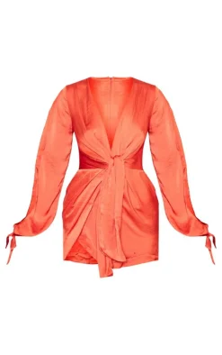 Satin Twist Front Open Sleeve Wrap Dress-PrettyLittleThing New