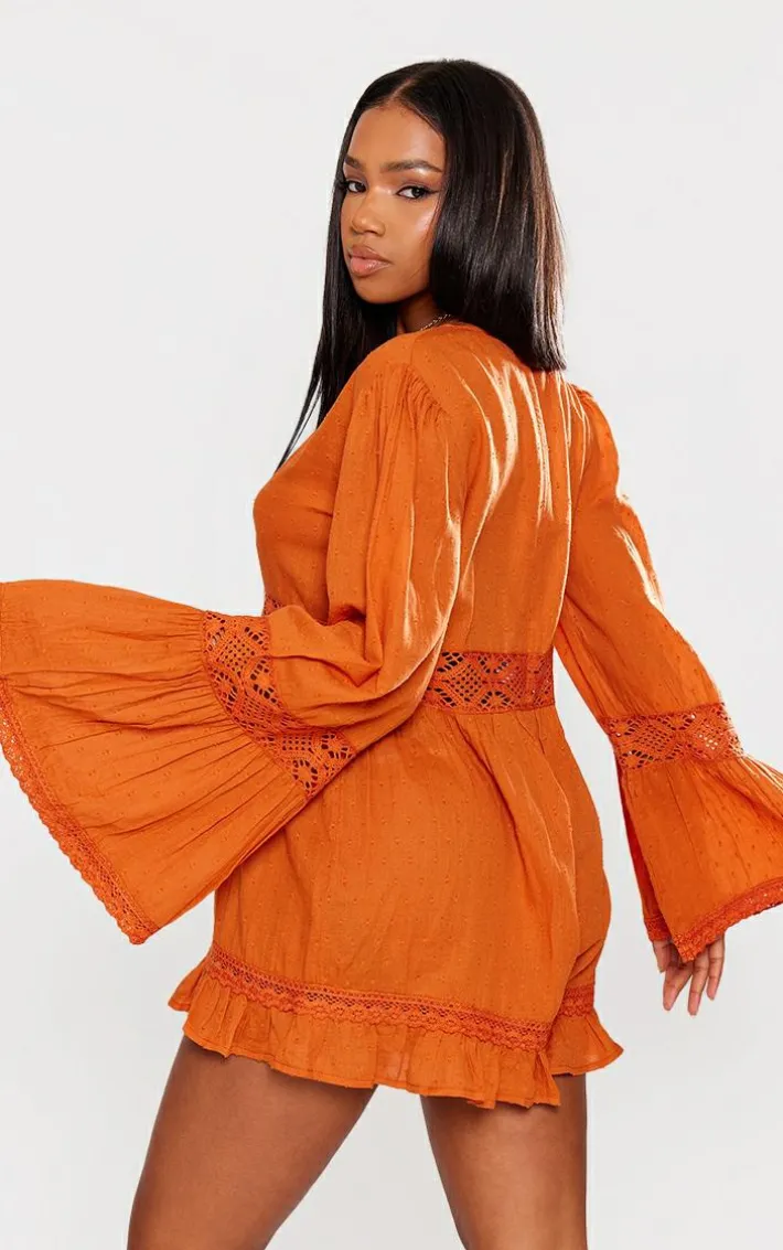 Rust Sheer Dobby Textured V Front Flowy Romper