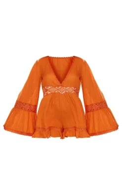 Rust Sheer Dobby Textured V Front Flowy Romper