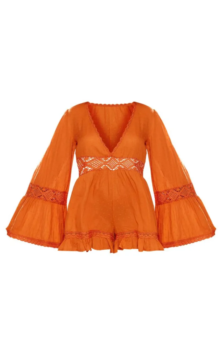 Rust Sheer Dobby Textured V Front Flowy Romper