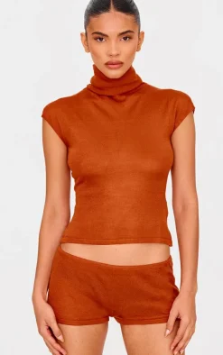 Sale PrettyLittleThing Sheer Knit High Neck Top Rust