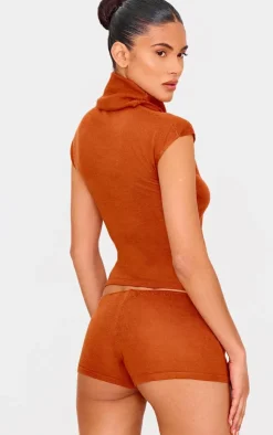 Sale PrettyLittleThing Sheer Knit High Neck Top Rust