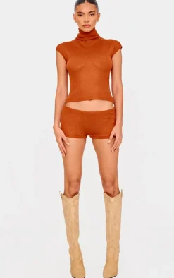 Sale PrettyLittleThing Sheer Knit High Neck Top Rust