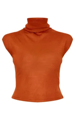 Sale PrettyLittleThing Sheer Knit High Neck Top Rust