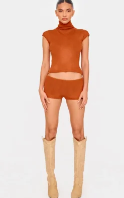 Clearance PrettyLittleThing Sheer Knit Hot Pants Rust