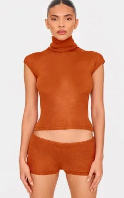 Clearance PrettyLittleThing Sheer Knit Hot Pants Rust