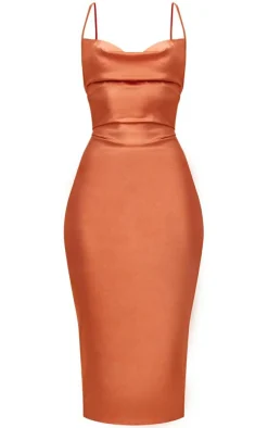 Strappy Back Cowl Neck Satin Midi Dress-PrettyLittleThing Online