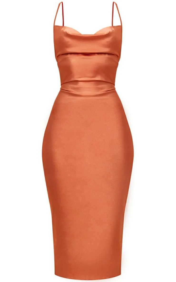 Strappy Back Cowl Neck Satin Midi Dress-PrettyLittleThing Online